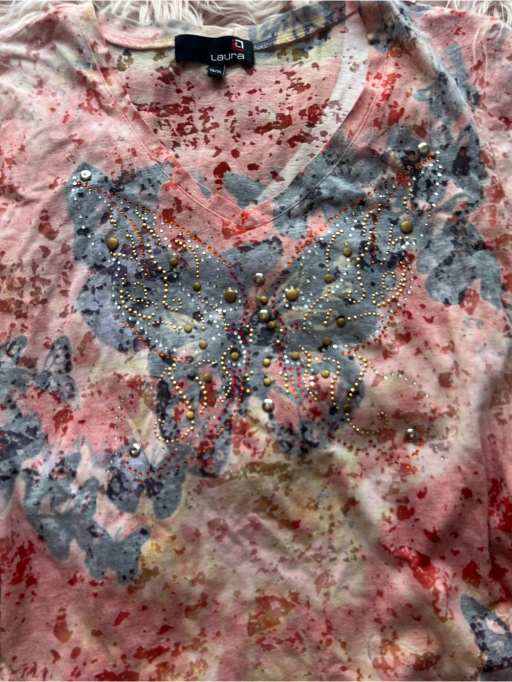 Y2K Laura Pink Butterfly Accent Embellished V-Neck Camisole XL - Picture 2 of 5